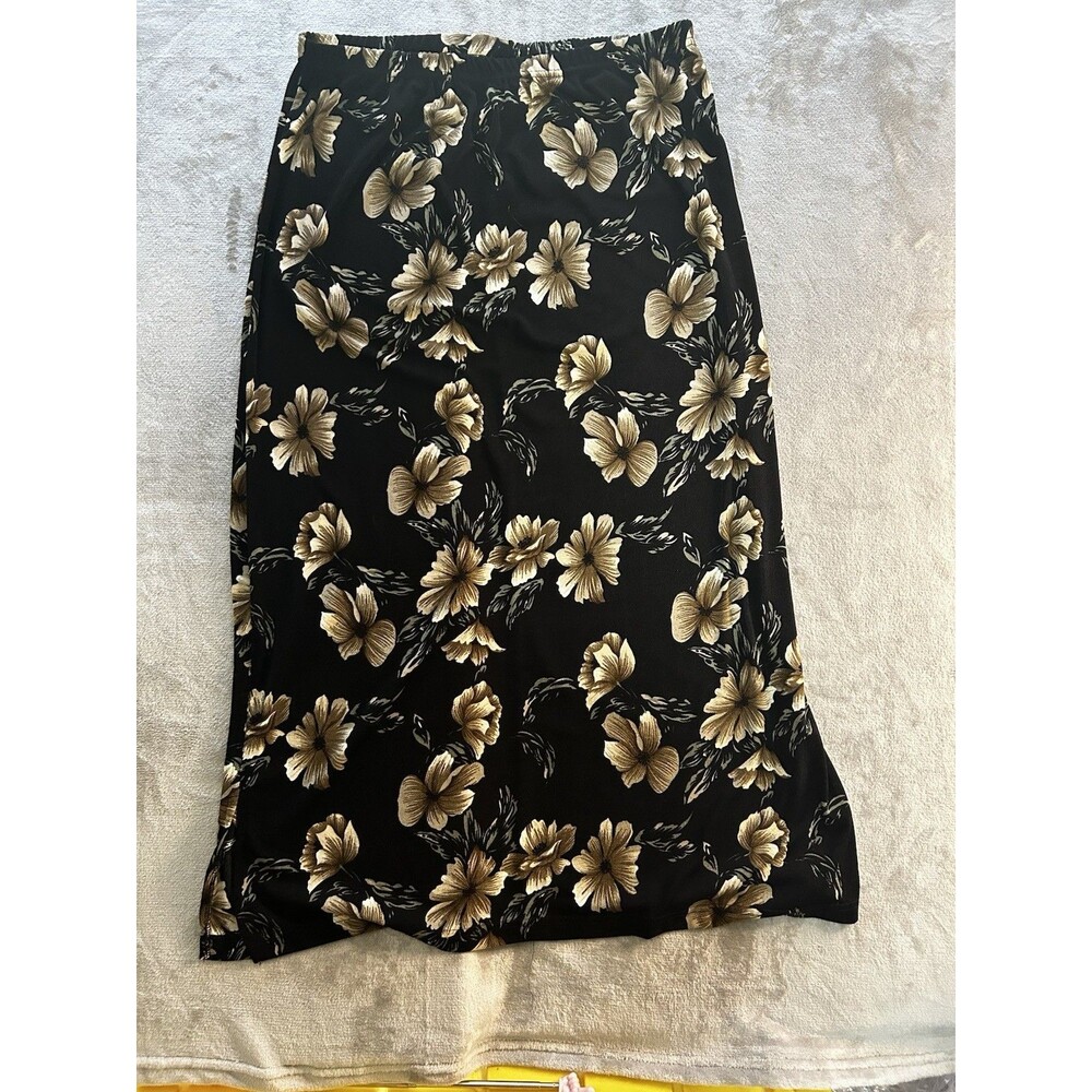 Vintage Fashion Bug Floral Midi Skirt Women Black Tan Pull On Slip Skirt XL